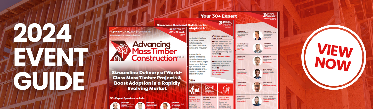 Banner with highlights from the Advancing Mass Timber Construction event guide